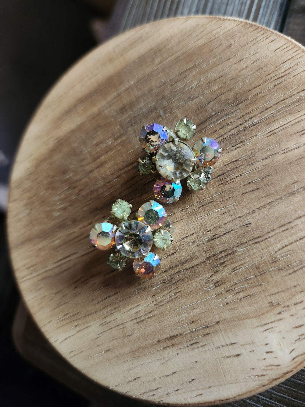 Iridescent Crystal Flower Clip-On Earrings - Vintage